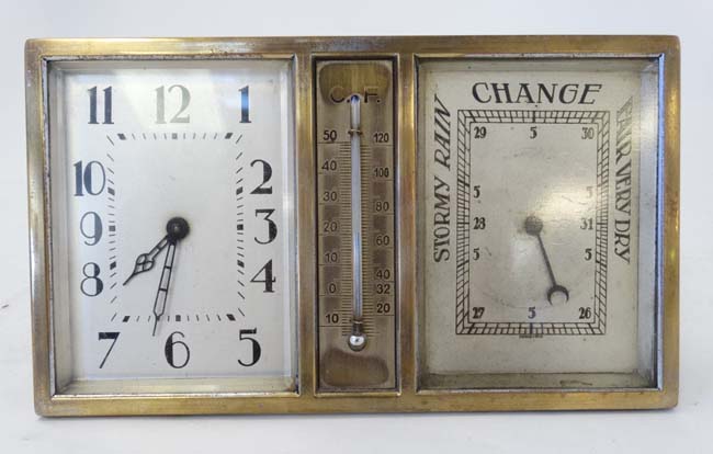 Art Deco Combination Clock, Barometer and Thermometer: a silver plated on brass, square dialled , - Image 5 of 11