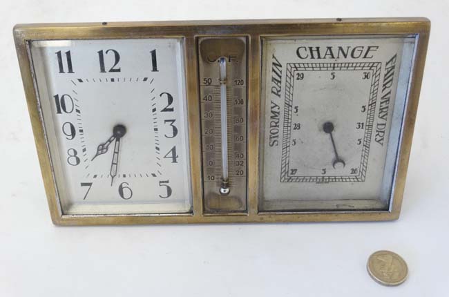 Art Deco Combination Clock, Barometer and Thermometer: a silver plated on brass, square dialled , - Image 7 of 11
