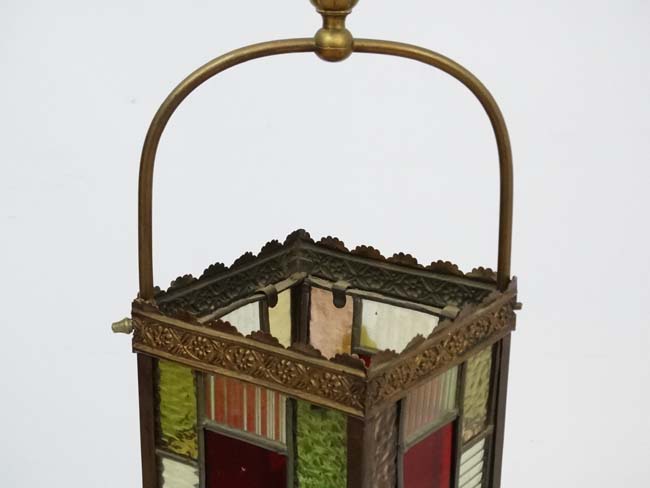 An Edwardian brass and leaded stained glass multicoloured pendant hall lantern / light shade. - Image 2 of 5