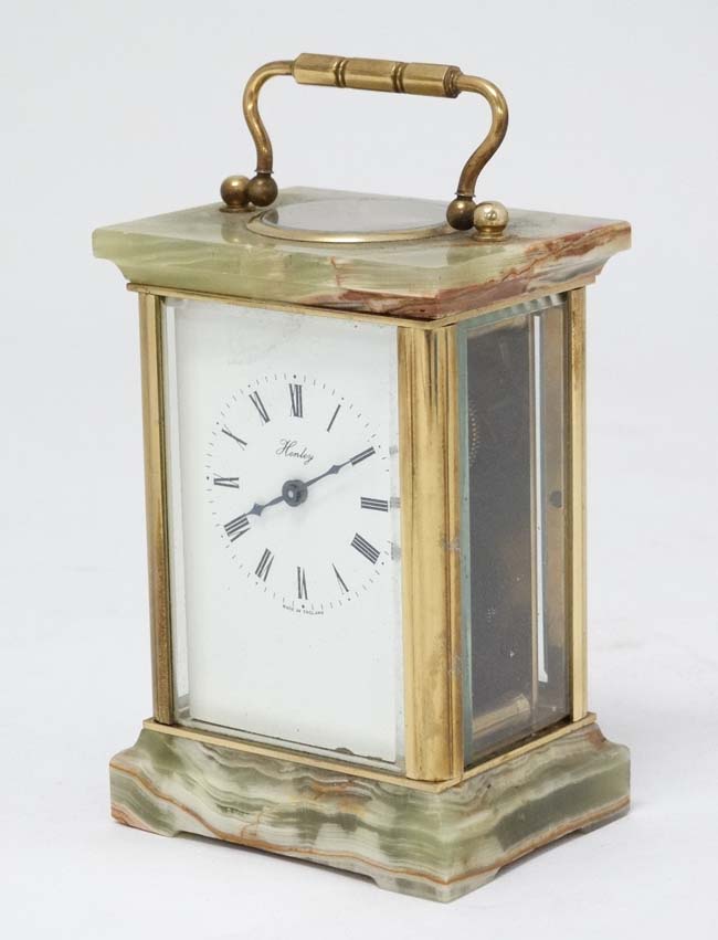 5 Glass 'Henley' Carriage Clock : a brass and ormolou cased 5 bevelled glass English carriage clock - Image 6 of 7