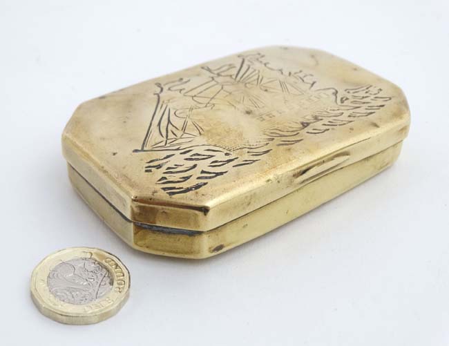 An 18thC sailors brass tobacco box with image of 3-masted ship at sea to top. - Image 3 of 6