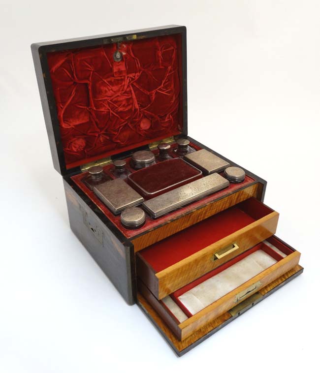 A 19thC ladies Coromandel vanity box opening to reveal a fold down front with satinwood drawers and - Image 4 of 8