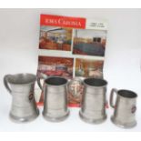 Cruise Liner memorabilia / Maritime : two Pewter Tankards with applied emblems of RMS Sylvania and
