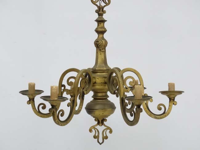 An early 20thC brass squared 6-branch pendant electrolier. - Image 4 of 7