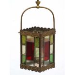 An Edwardian brass and leaded stained glass multicoloured pendant hall lantern / light shade.