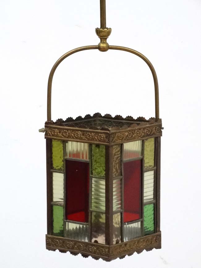 An Edwardian brass and leaded stained glass multicoloured pendant hall lantern / light shade. - Image 3 of 5
