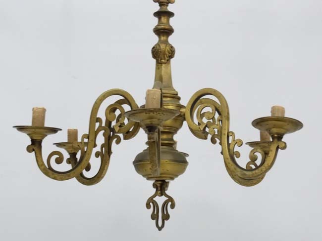 An early 20thC brass squared 6-branch pendant electrolier. - Image 2 of 7