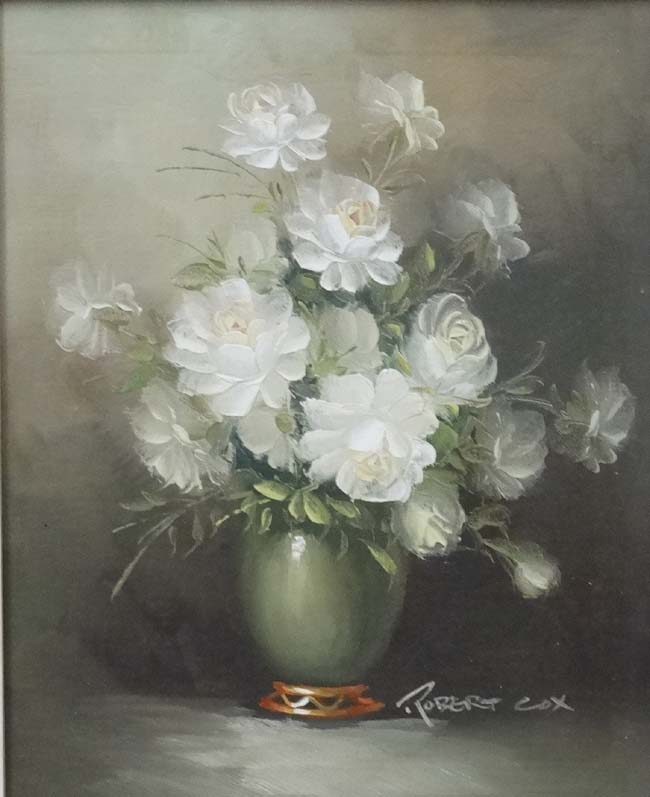 Robert Cox (1934 - 2001), Oil on board, White roses in a vase on a table, Signed lower right. - Image 3 of 4