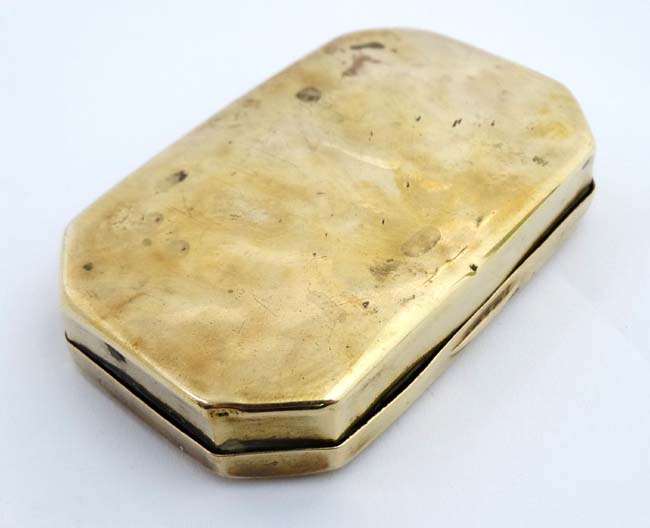 An 18thC sailors brass tobacco box with image of 3-masted ship at sea to top. - Image 6 of 6