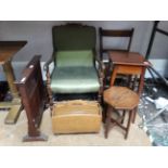 Fire screen, table, table, magazine rack, rush seated chair,