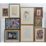 7 assorted framed pictures , including watercolours , pencil and charcoal , oil on canvas board ,
