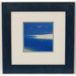 21stC Coloured Print, ' Calmness ', Titled verso, Sandy Beach and boat at sea.