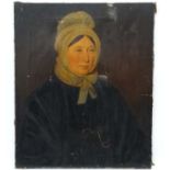XIX English Portrait School, Oil on canvas, Portrait of a woman wearing a bonnet and quizzing glass,