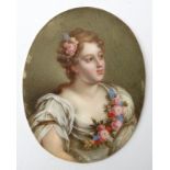 Indistinctly Signed XIX portrait School, Miniature on ivory oval, A young lady with roses,