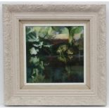 late XX, Oil on canvas laid on board, Reflection - A water mill besides a lake. 8 1/2 x 8 1/2" .