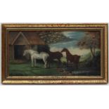 Early XIX Equine School, Oil on panel probably mahogany, Sporting horses in a stream near a barn .