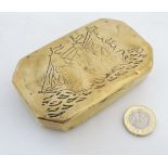 An 18thC sailors brass tobacco box with image of 3-masted ship at sea to top.