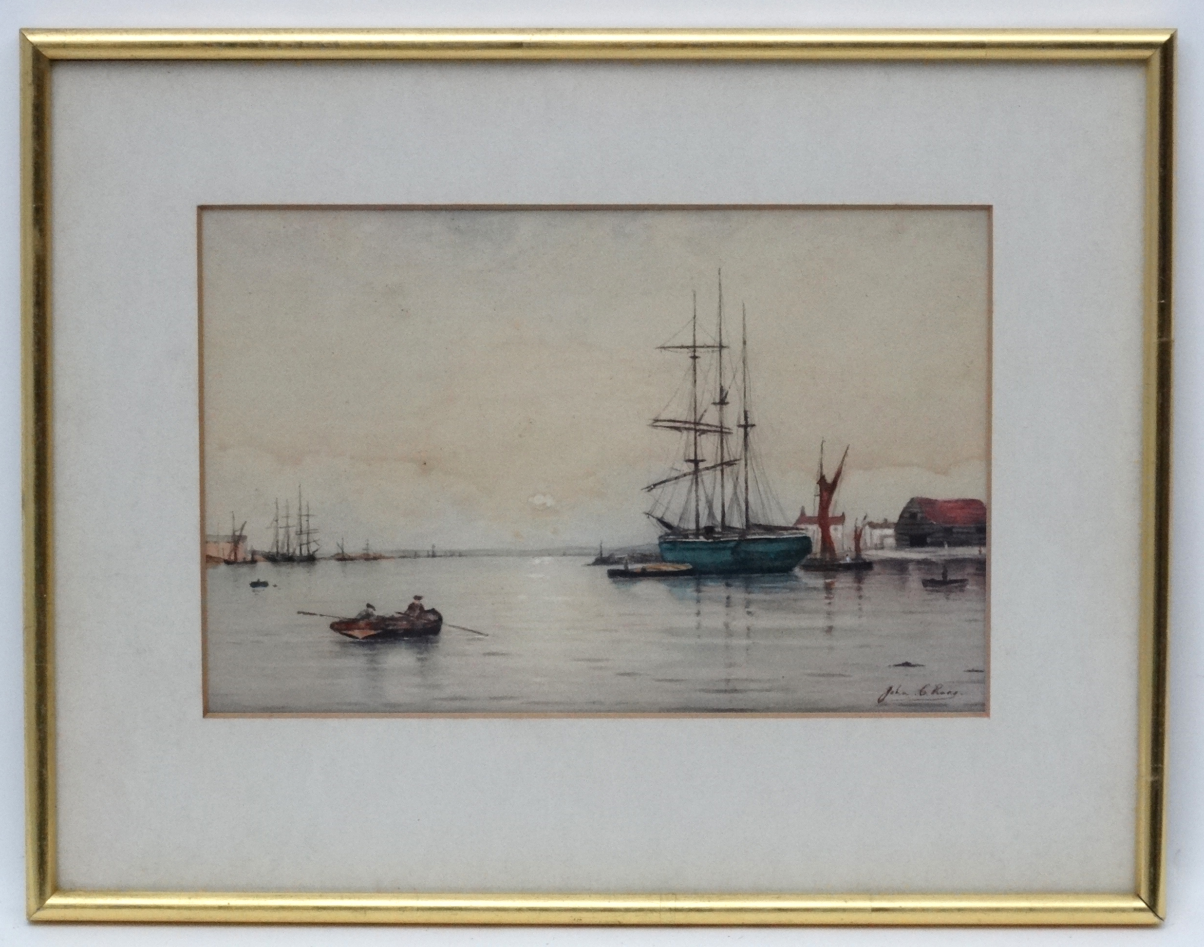 John C King XIX-XX, Watercolour, Harbour with shipping, Signed lower right.