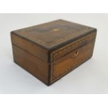 A 19thC burr walnut inlaid box 10 2/3" wide x 5 1/8" high x 8" deep.