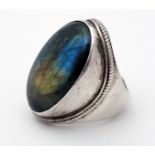 A silver ring set with large labradorite cabochon approx 1 1/8" long CONDITION: