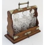 Tantalus : an oak and silver plate 3 glass decanter spirit stand ,