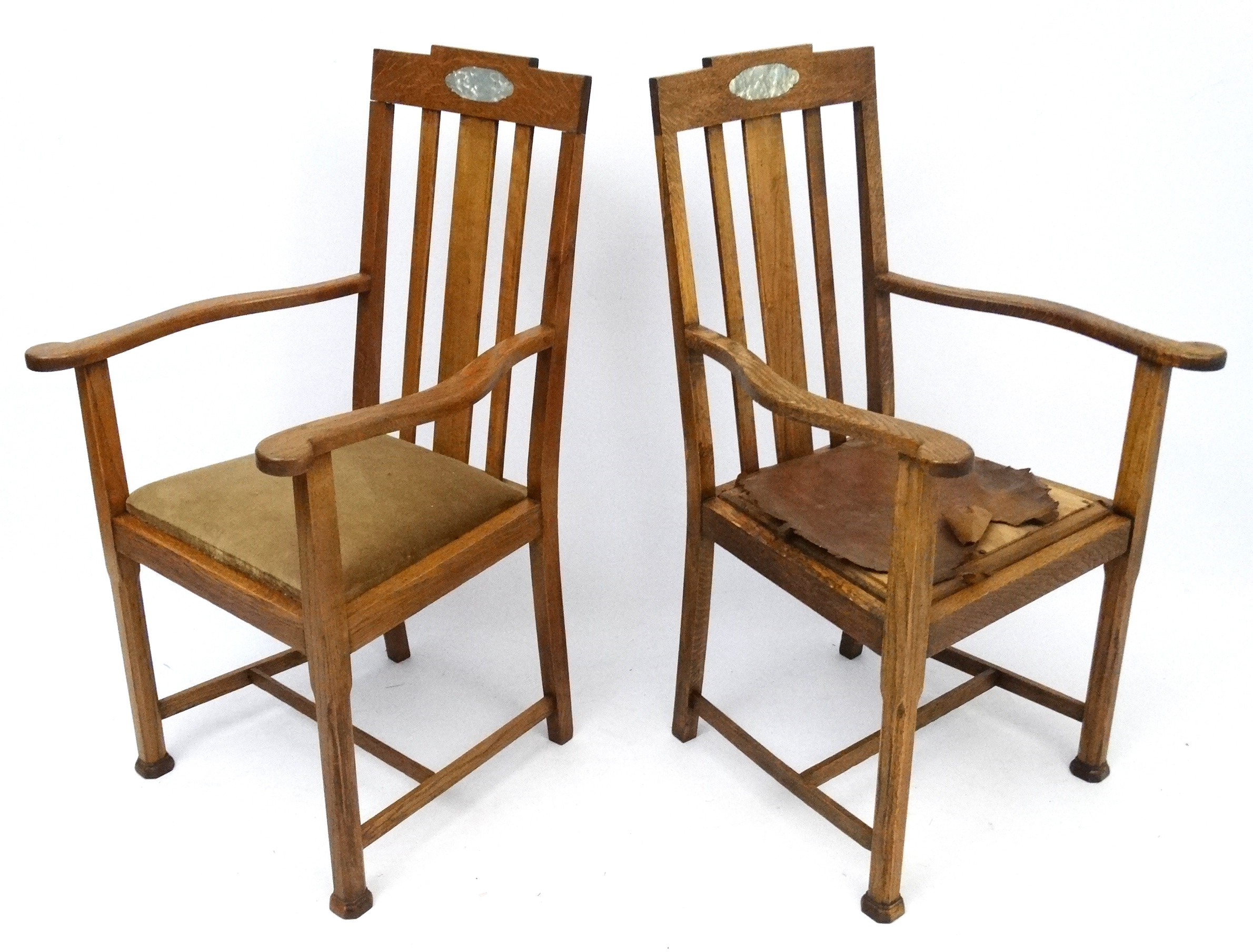 Arts and Crafts : a pair of Oak open Armchairs with canted square column legs , - Image 3 of 5