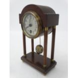 Early- mid 20thC mahogany Portico Clock : the case with brass ended turned columns ,