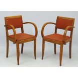Art Deco : A pair of blonde wood beech upholstered arm Bridge chairs 32 1/4" high