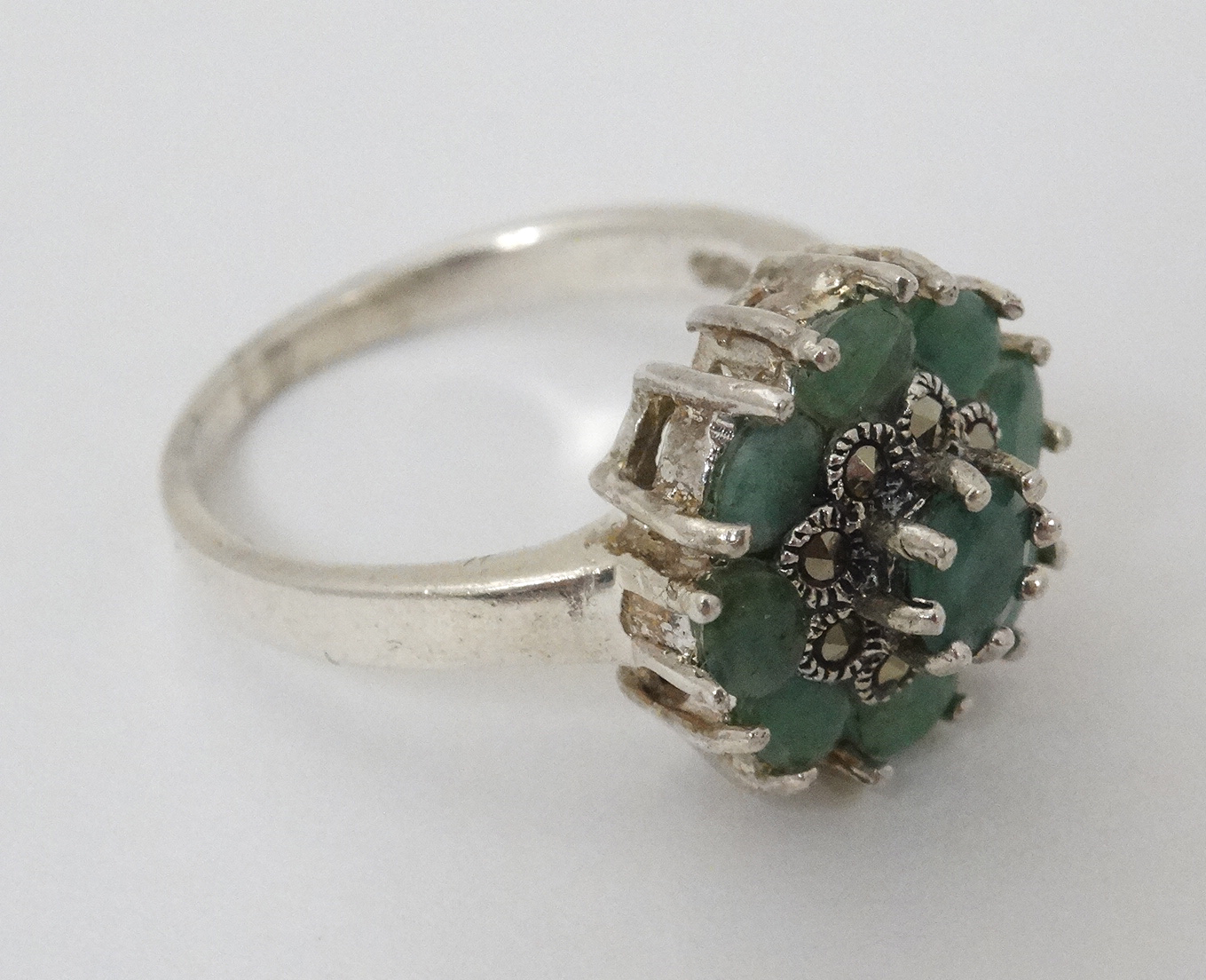 A silver ring set with green stones and marcasites CONDITION: Please Note - we do - Image 2 of 5