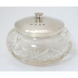 A cut glass dressing table pot bowl with hammered silver top hallmarked Birmingham 1995 maker Keith