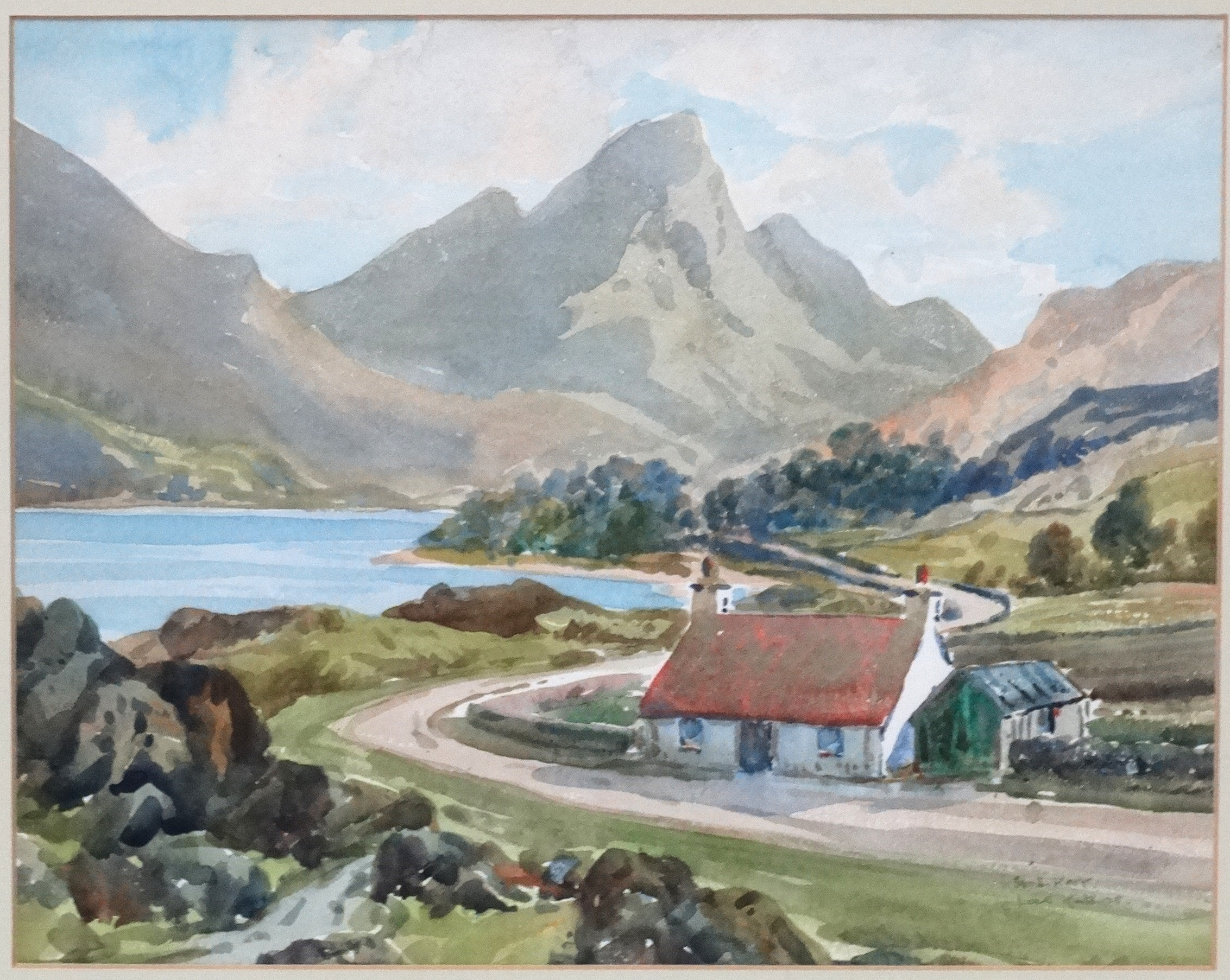 H J Kerr Scottish School, Watercolour, ' Loch Katrine ' , a crofter's cottage in the Trossachs, - Image 3 of 4