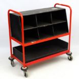 Vintage Industrial : a painted Post sorting trolley , with pigeon holes and shallow tray under ,