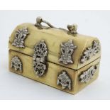 A brass and cast silver plated miniature treasure chest with dome topped 3 1/8" long x approx 2
