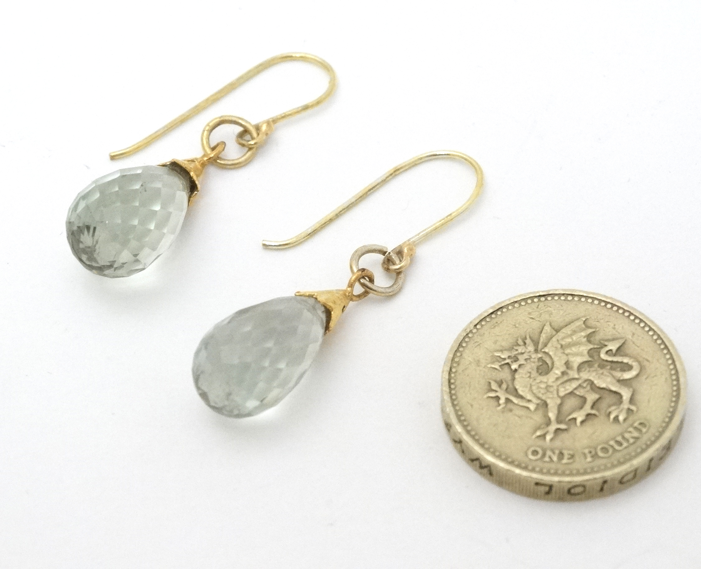 A pair of yellow metal drop earnings set with semi precious stone drops cut facet cut detail - Image 2 of 3