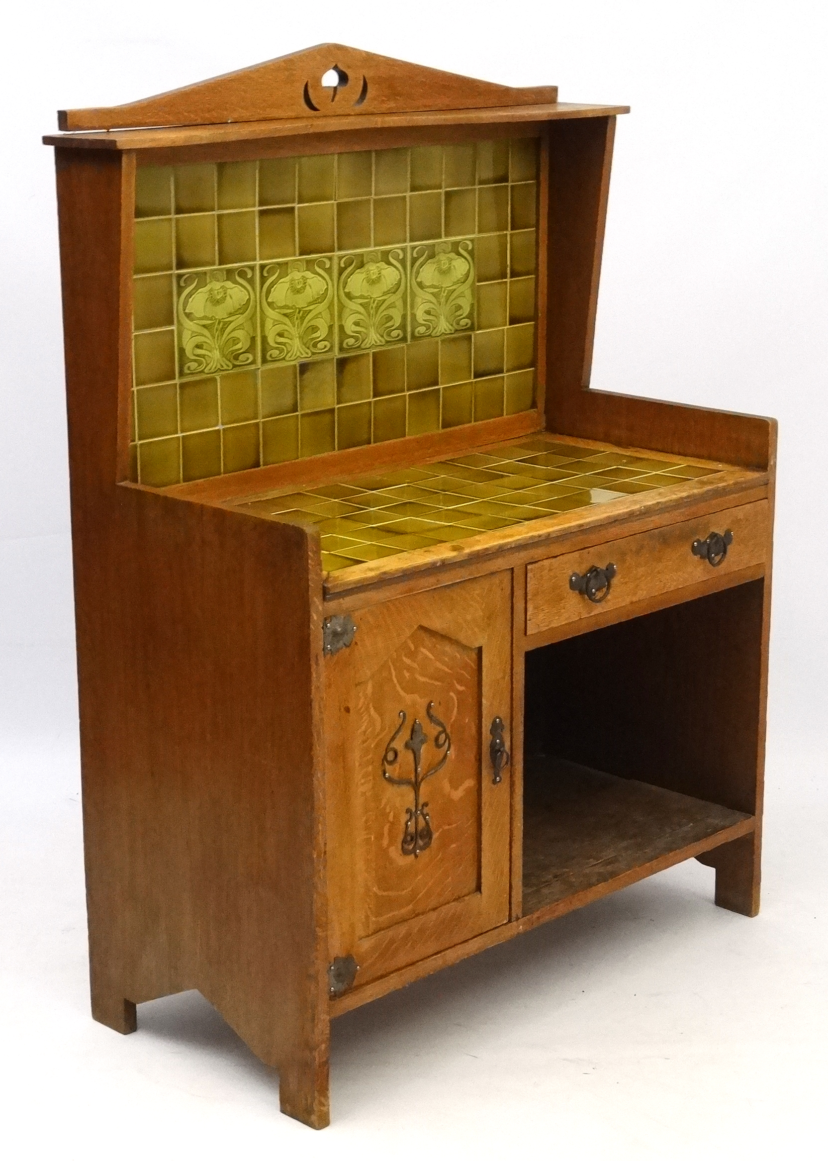 Art Nouveau : a Washstand with tile base and back ( some decorative ) and oak construction with - Image 4 of 4