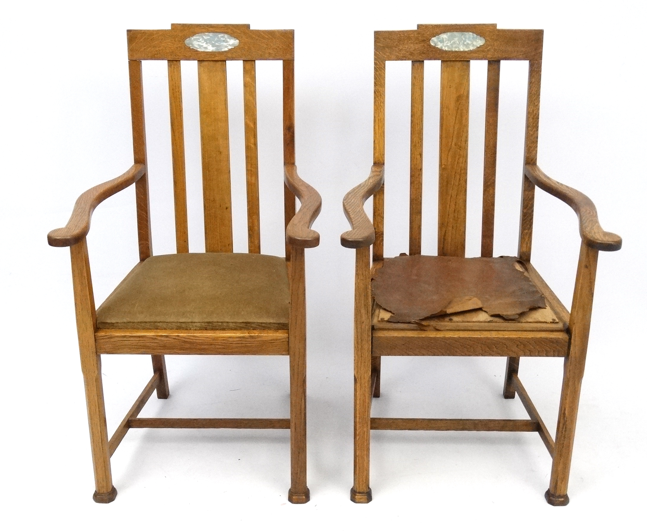 Arts and Crafts : a pair of Oak open Armchairs with canted square column legs ,