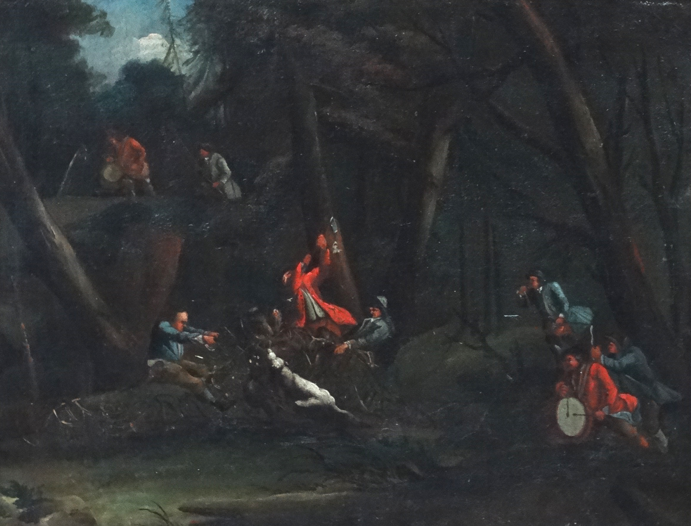 XIX Continental School, Oil on canvas l, ' The Wild Boar Hunt ' figures in the woods , - Image 3 of 4