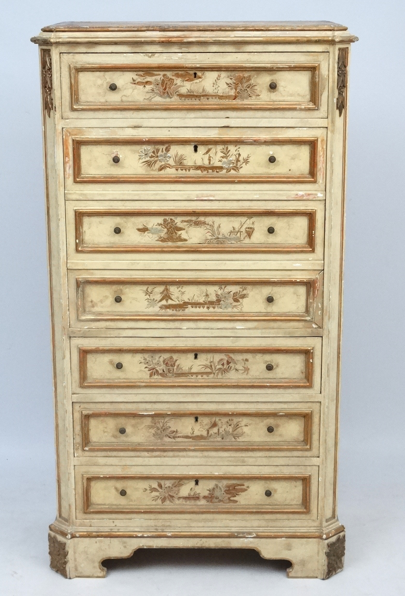 An early 20thC escritoire with gilt and cream Chinoiserie lacquered decoration 32" wide x 57 1/4" - Image 5 of 9