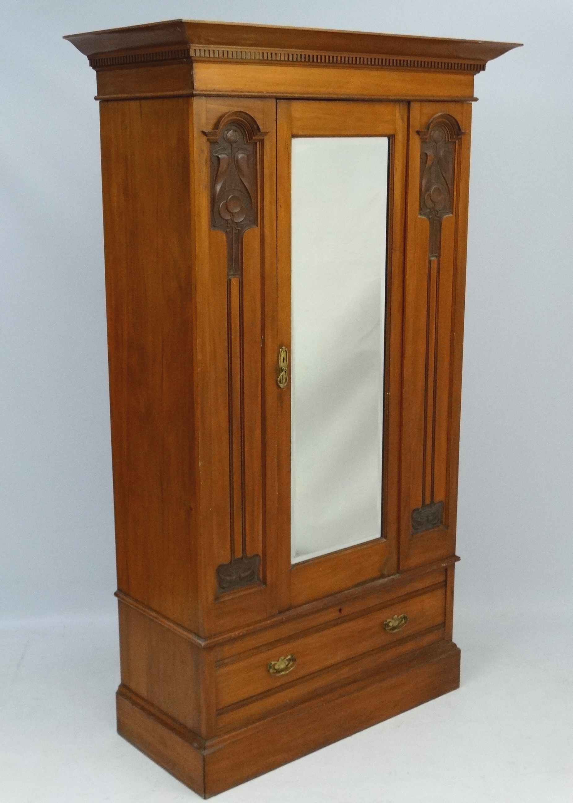 Art Nouveau : Art Nouveau : a circa 1900 Walnut ( near satin walnut ) single wardrobe with central - Image 2 of 6