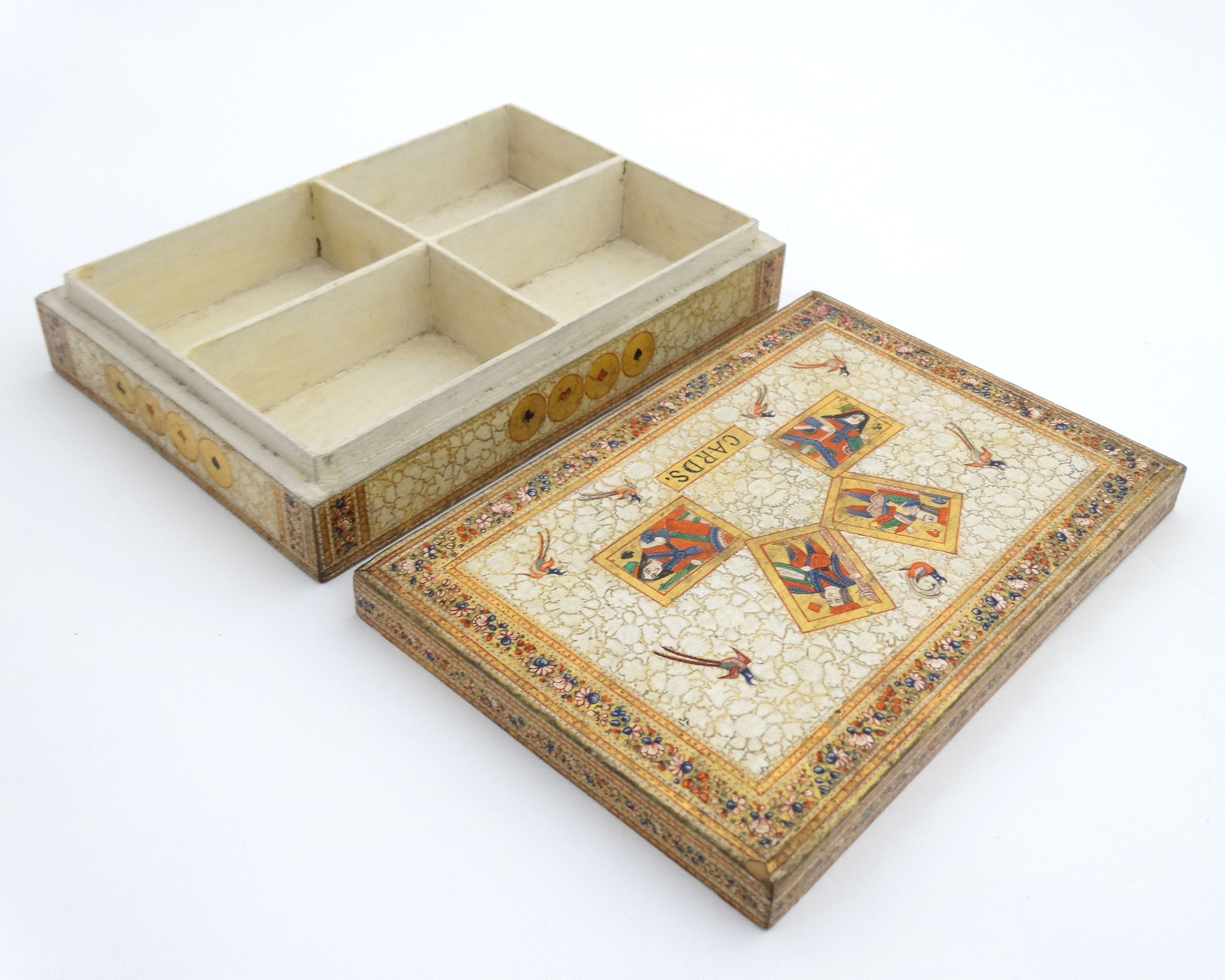 Kashmir : An Indian decorated four sectional wooden card box with gilt an polychrome decoration 9 - Image 2 of 6