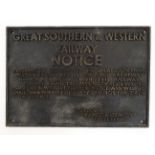 Railwayana : A cast sign ' Great Southern & Western Railway Notice ....
