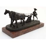 Andre (XX), A patinated bronze figure group, 18thC figure ploughing with horses.