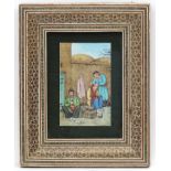 Indian Sanskrit signed Early-mid XX, Watercolour on Ivorine panel, Street trader cutting hair,