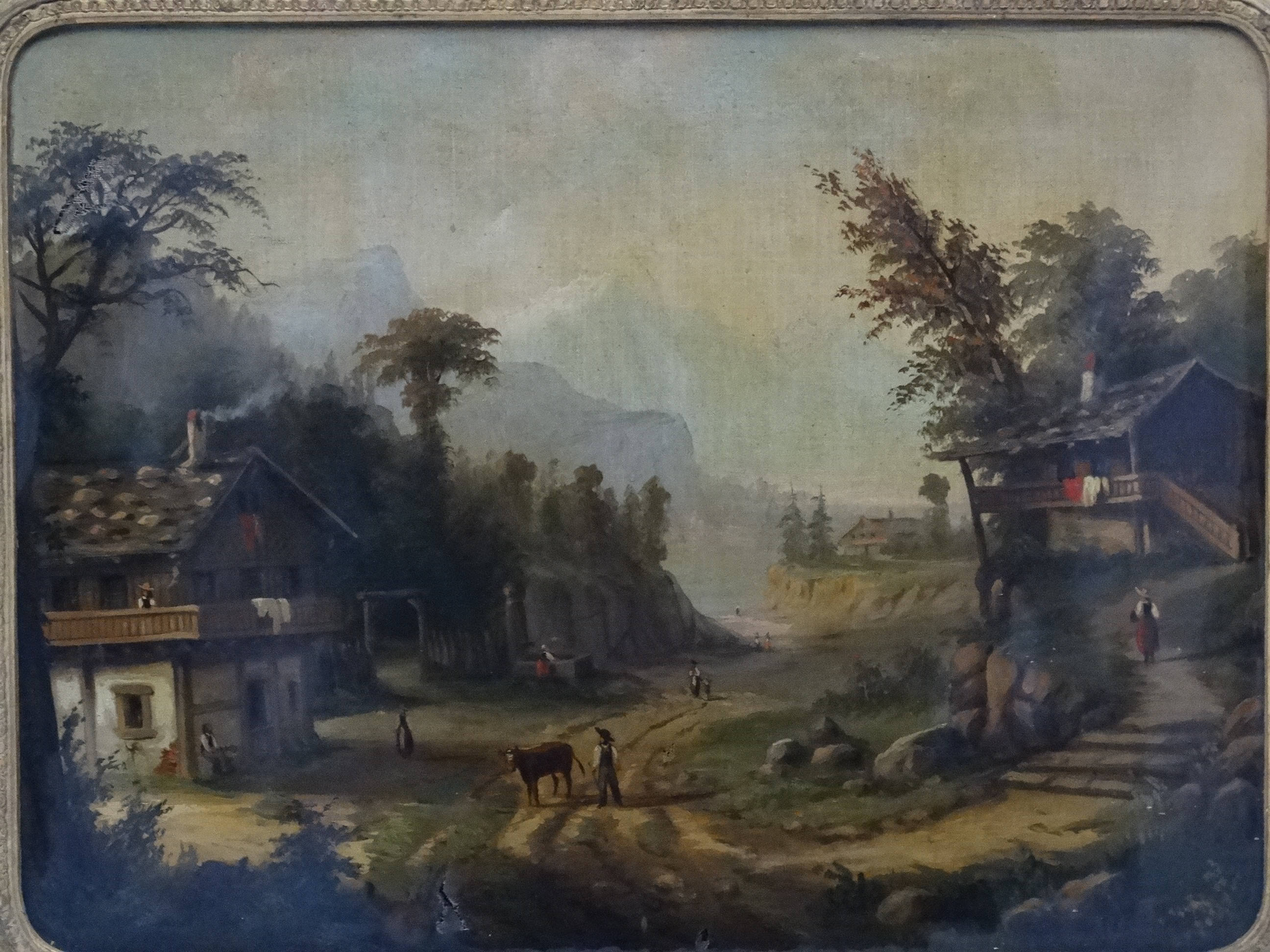 XIX Swiss School Oil on canvas , Landscape with chalets, figures, mountains etc, - Image 3 of 3