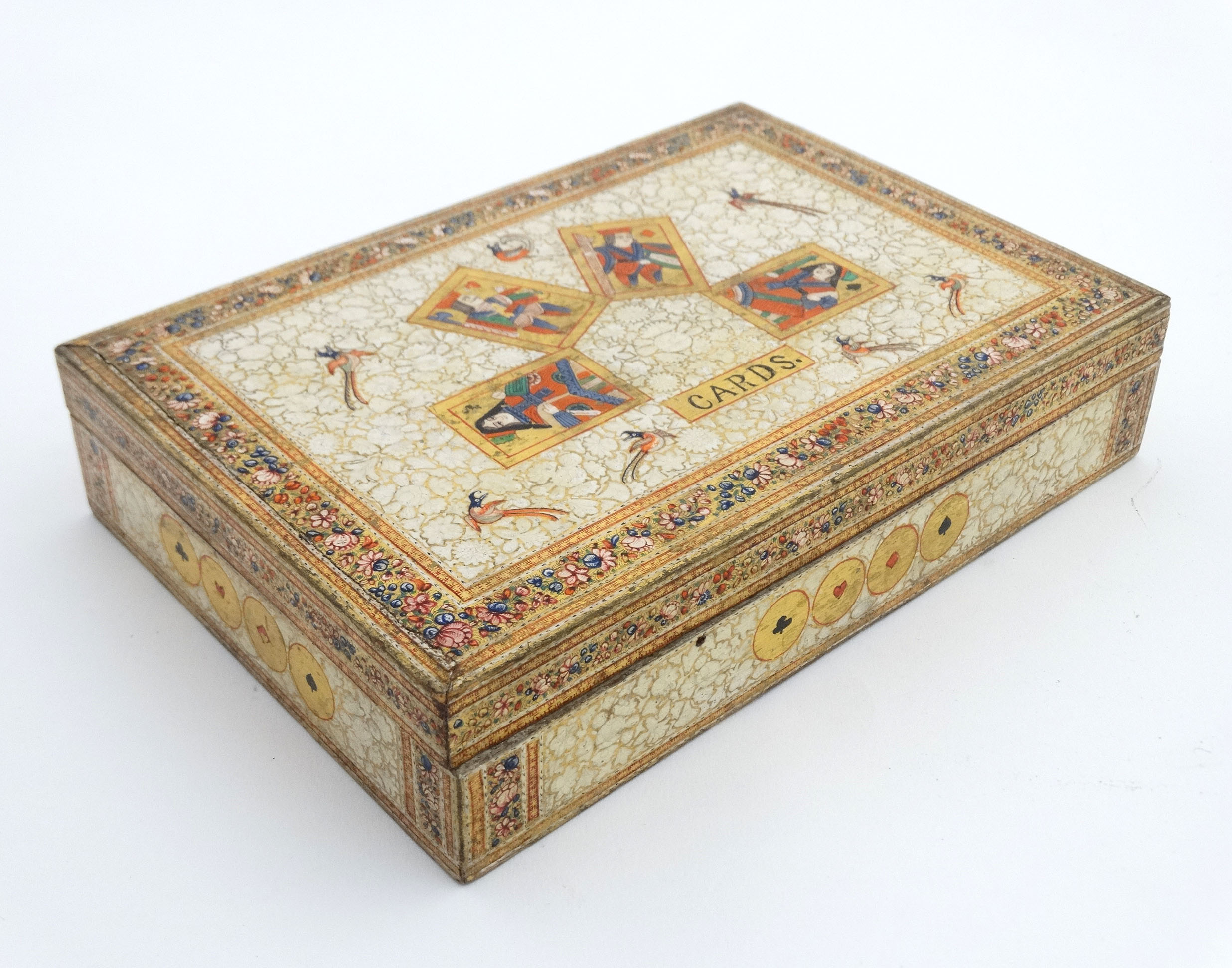 Kashmir : An Indian decorated four sectional wooden card box with gilt an polychrome decoration 9