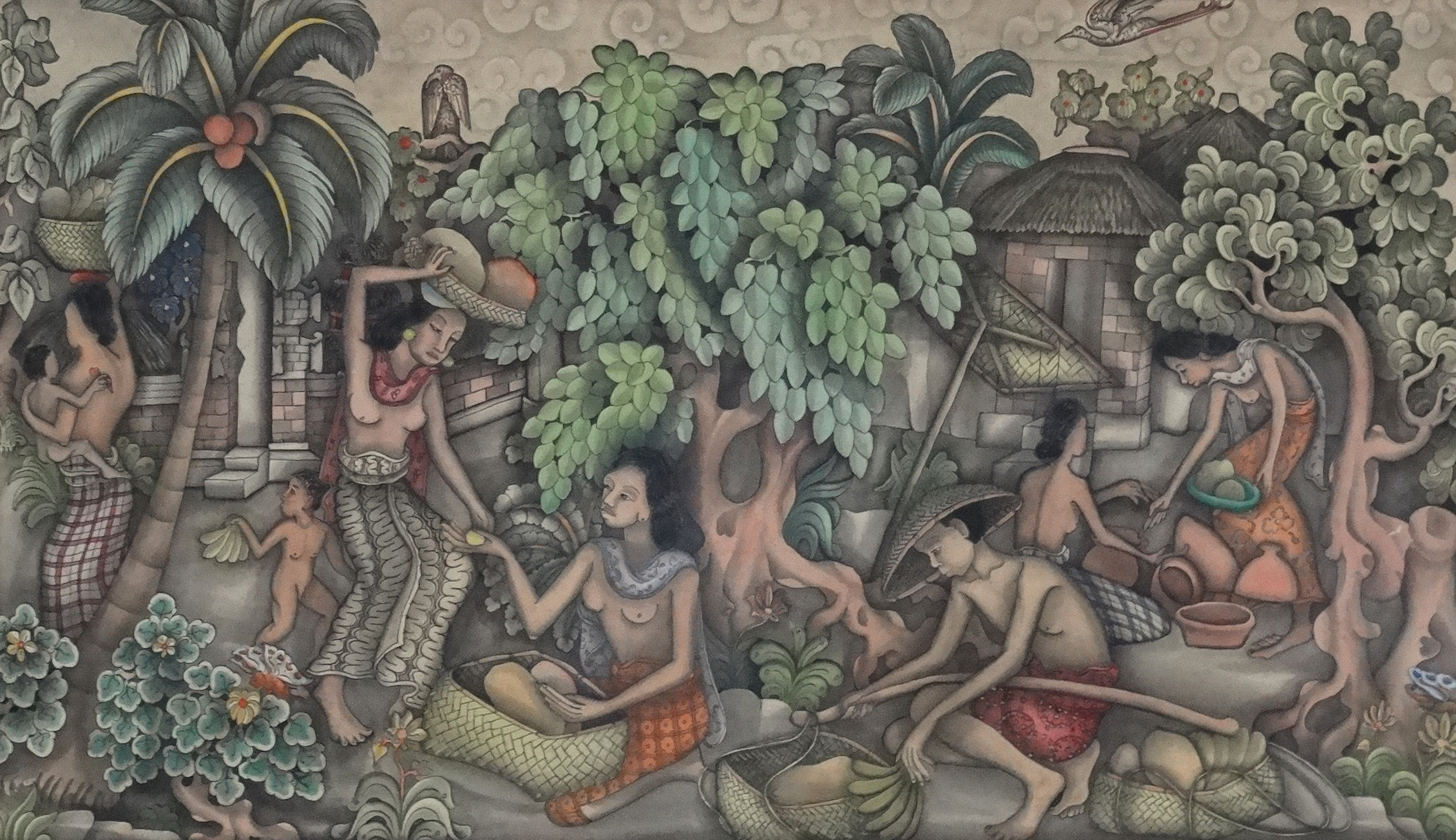 C. 1900 Southeast Asian, Watercolour and gouache, Figures and buildings in the countryside. - Image 4 of 4