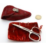 Needlework / Sewing Interest : An early 20thC velvet covered etui / scissors keep with scissors