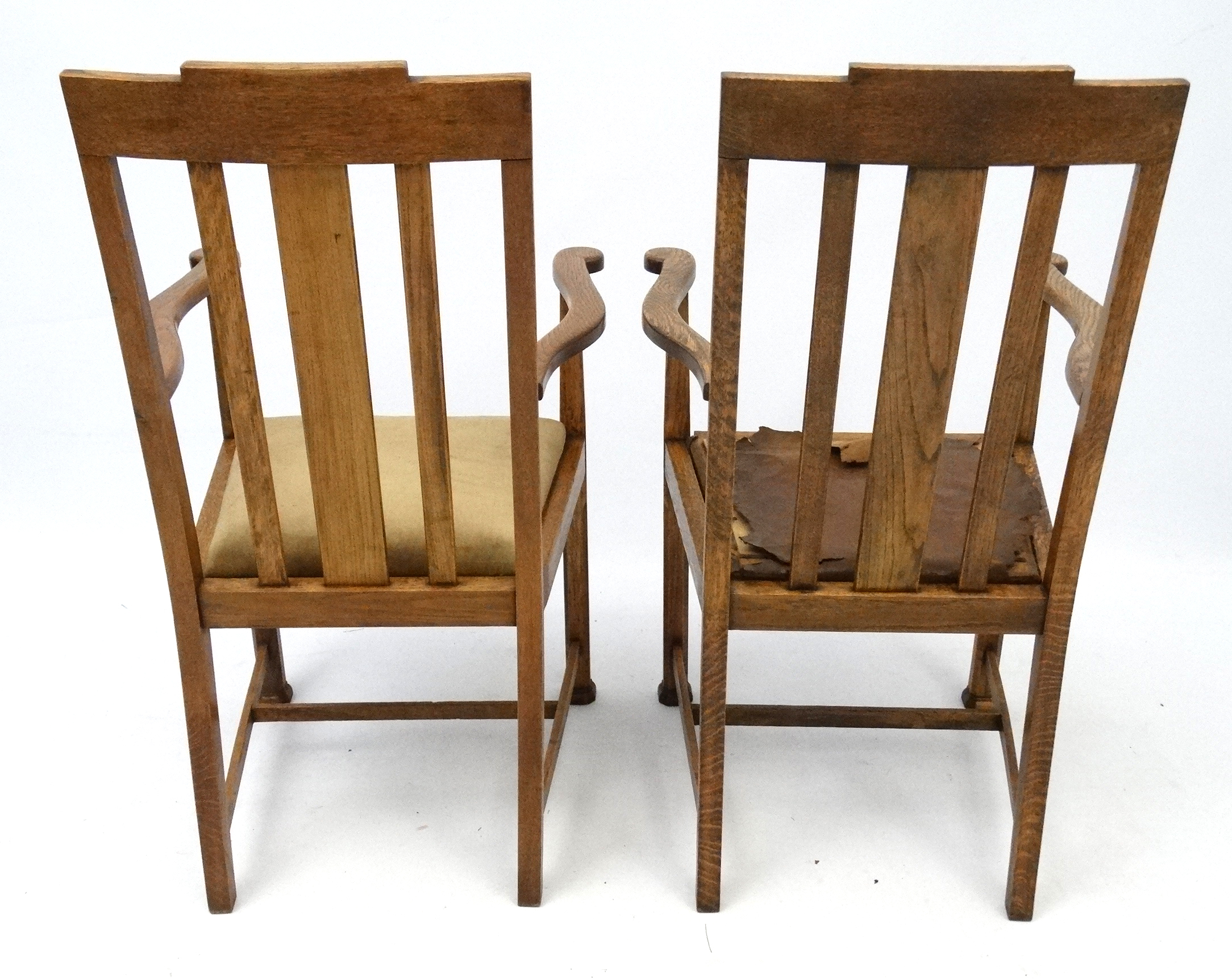 Arts and Crafts : a pair of Oak open Armchairs with canted square column legs , - Image 5 of 5