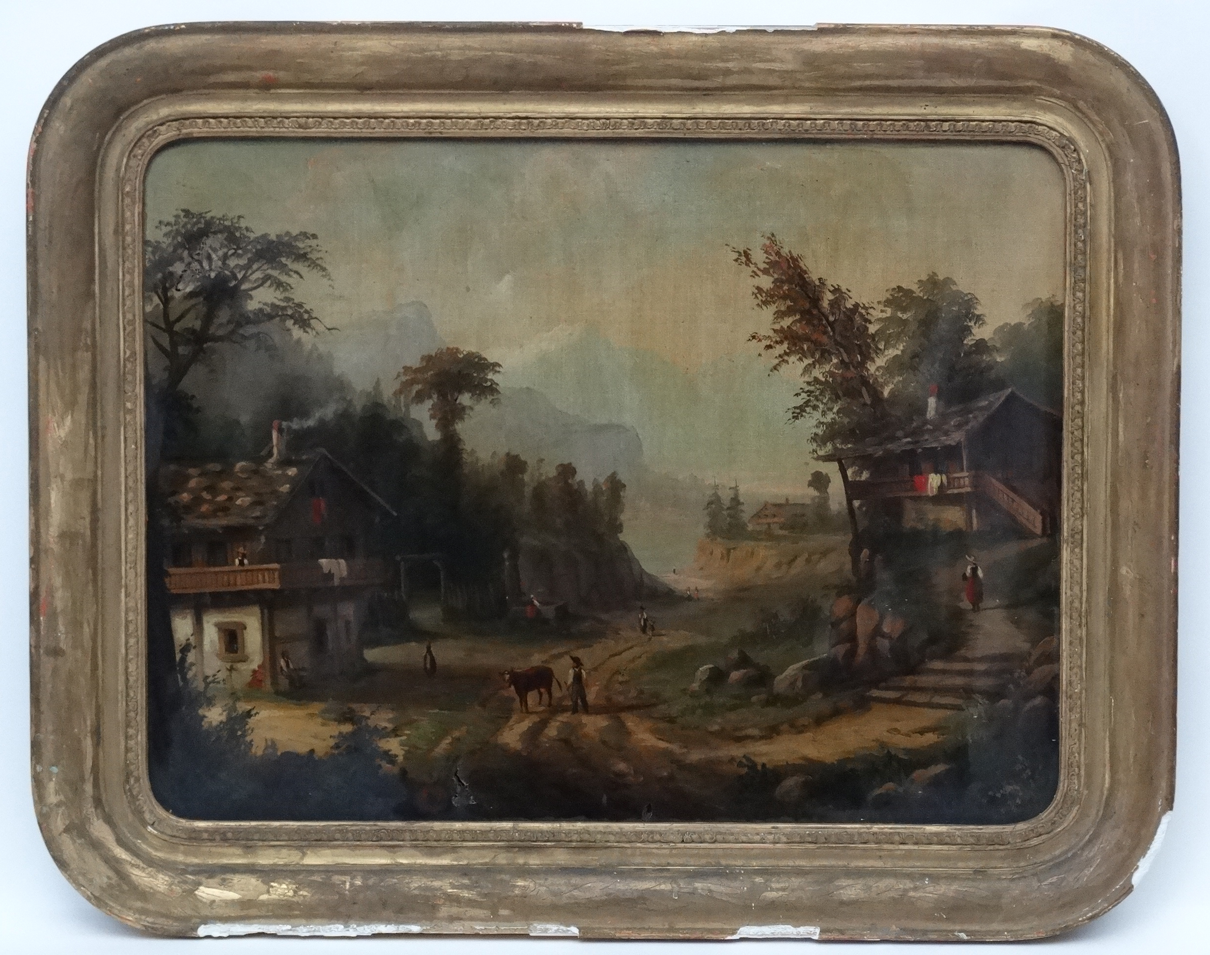 XIX Swiss School Oil on canvas , Landscape with chalets, figures, mountains etc,