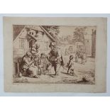 After Adriean Van Ostade(1610-1685), Sepia old Master etching, Pedlar with spinning machine,